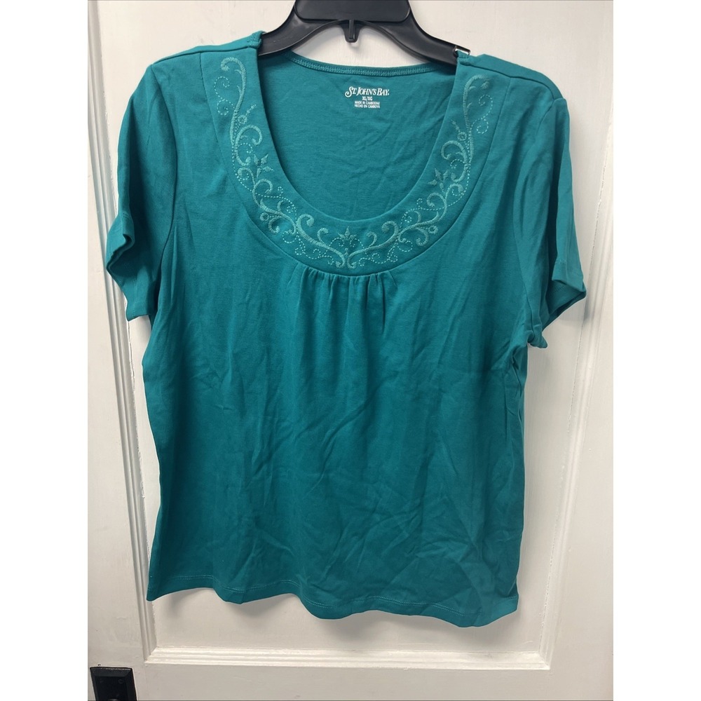 XL Sonoma Pretty Teal Embroidered Scoop Neck Short Sleeve Tee
